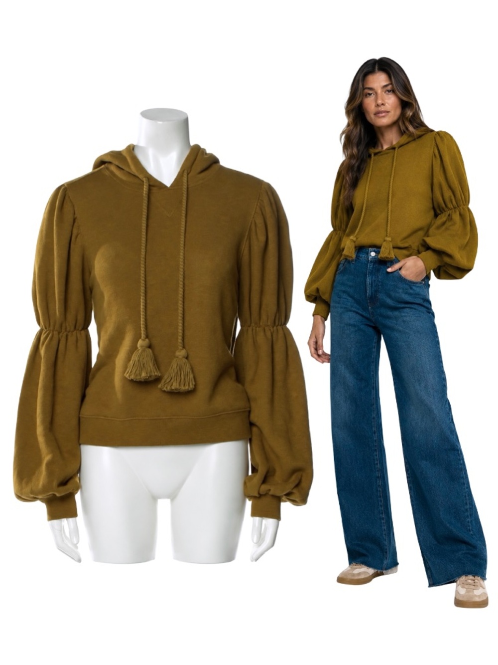 Ulla Johnson Sacha Hoodie Mustard Puff Balloon Sleeve Tassel Size S